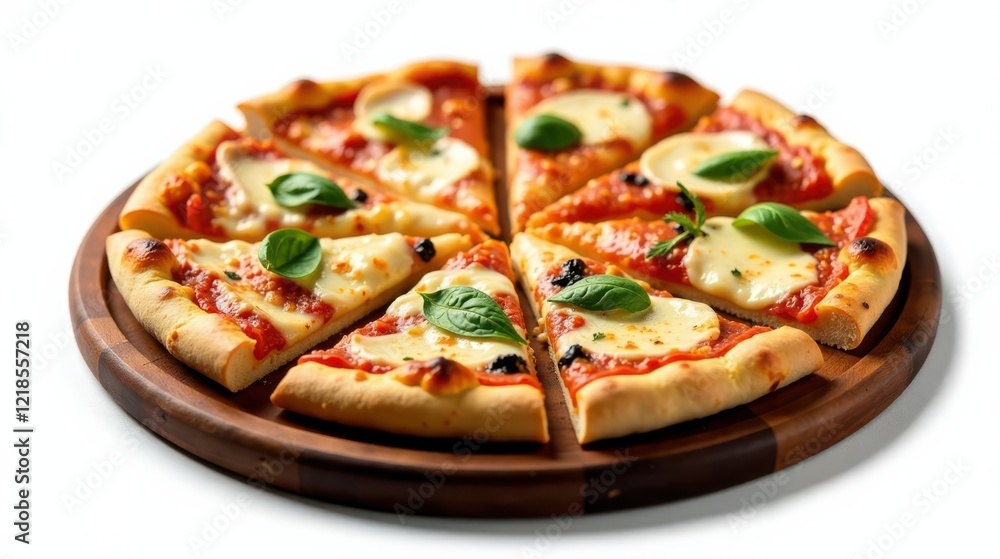 A delicious and appetizing pizza, cut into slices, arranged on a rustic wooden board, ready to be enjoyed. The melted cheese and fresh basil garnish enhance its visual appeal. A delicious and appetizing pizza, cut into slices, arranged on a rustic wooden board, ready to be enjoyed. The melted cheese and fresh basil garnish enhance its visual appeal.