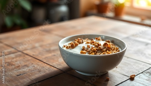 Rustic table with bowl of plain yogurt and granola. Sunlit breakfast nook bokeh background photo