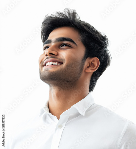 young man wearing white shirt and standing confidently photo