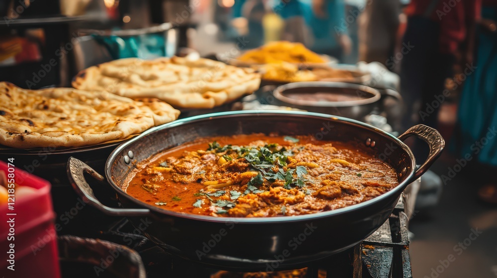 A bustling street restaurant in India, serving spicy curries with naan bread, colorful spices in the background. A bustling street restaurant in India, serving spicy curries with naan bread, colorful spices in the background.