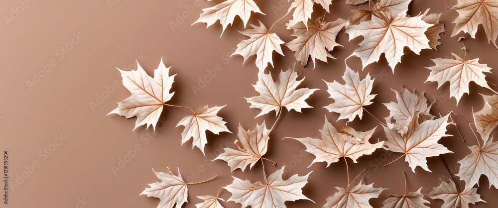 Fototapeta premium Maple tree leaves with prominent veins on a plain soft brown background