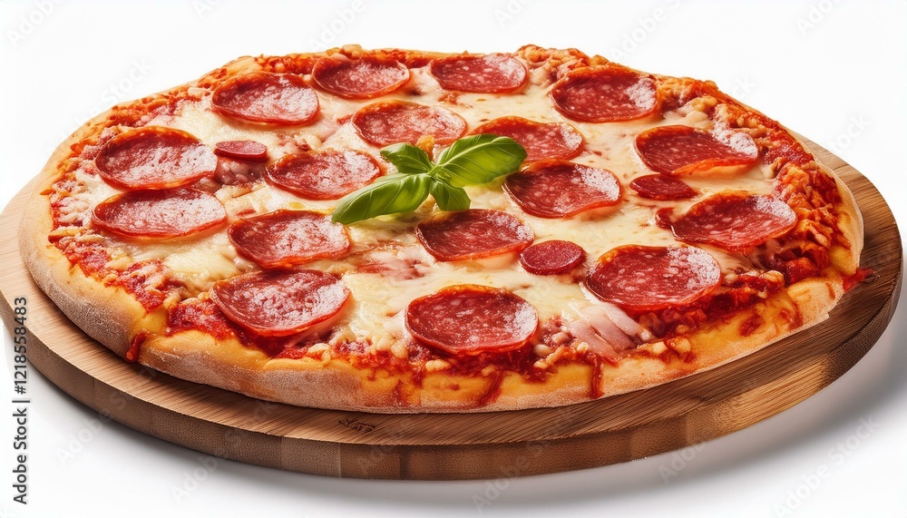 Delicious pizza with salami, sausages, mozzarella and tomato sauce, isolated on white background Delicious pizza with salami, sausages, mozzarella and tomato sauce, isolated on white background