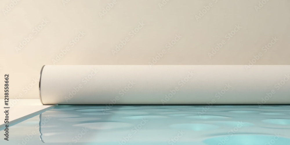 Cream-colored cylindrical object partially submerged in a serene, light blue liquid, creating a minimalist and elegant visual composition. Cream-colored cylindrical object partially submerged in a serene, light blue liquid, creating a minimalist and elegant visual composition.