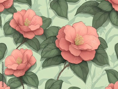 Wallpaper Mural A Seamless Pattern of Light Pink Camellias with Yellow Centers and Dark Green Leaves on a Light Green Background Torontodigital.ca