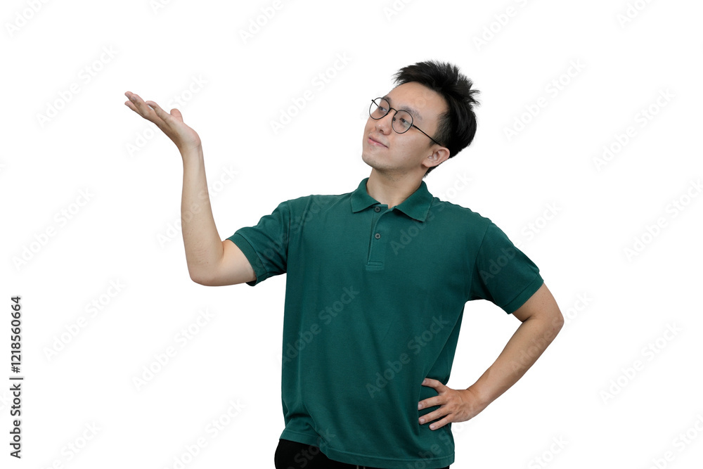 Smiling young asian Man Gesturing in Casual Pose Against Plain Background Smiling young asian Man Gesturing in Casual Pose Against Plain Background