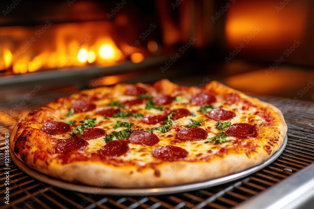 A delicious pepperoni pizza with melted cheese and fresh herbs, baked to perfection in a wood-fired oven.