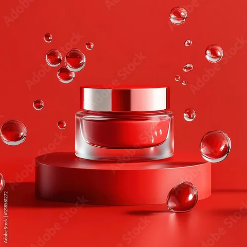 Fototapeta Bright red cosmetic jar displayed on a vibrant red surface with floating bubbles in an artistic arrangement. Generative AI