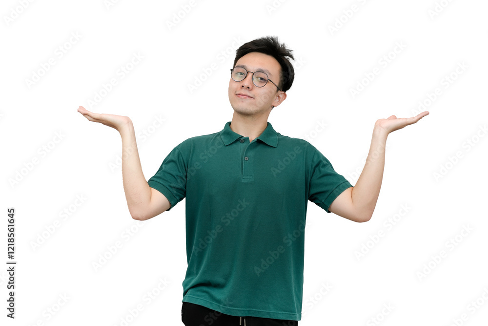 Smiling young asian Man Gesturing in Casual Pose Against Plain Background Smiling young asian Man Gesturing in Casual Pose Against Plain Background