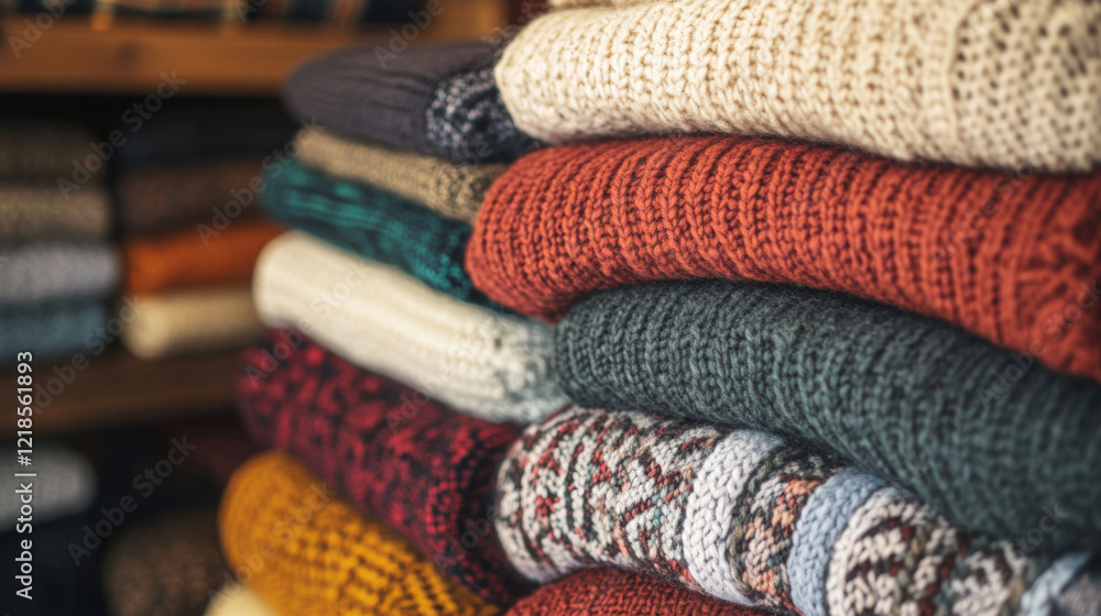 A collection of sweaters piled high, perfect for storing or displaying. A collection of sweaters piled high, perfect for storing or displaying.