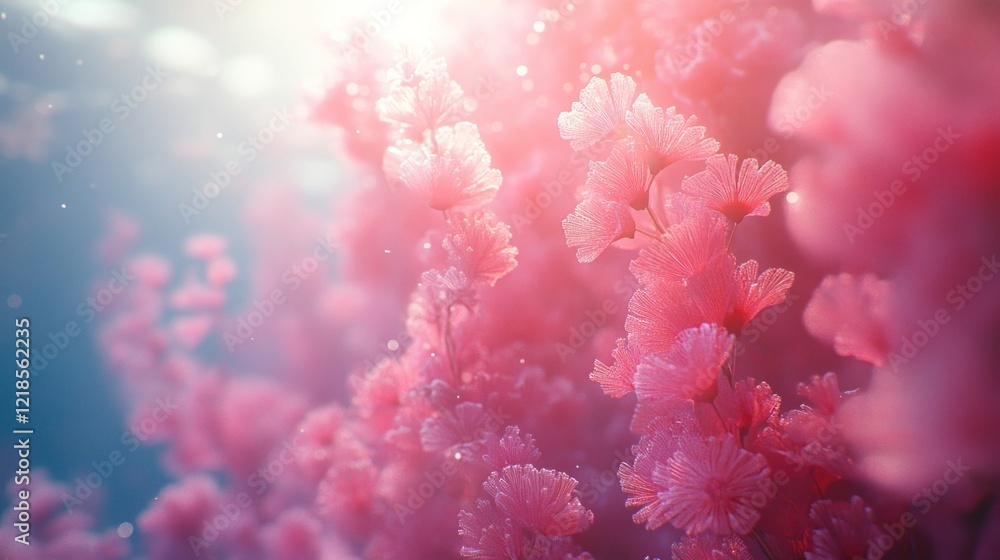 Fototapeta premium Pink blossoms, sunlit garden, bokeh background, spring