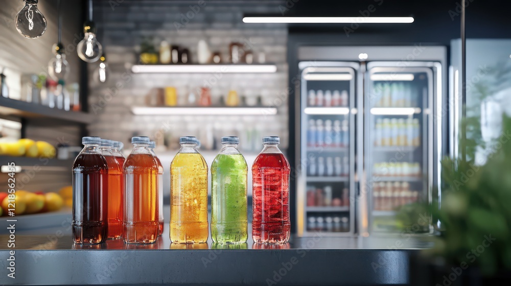 A cold drink showcase featuring iced tea, sparkling water, and soda bottles in a modern convenience store. A cold drink showcase featuring iced tea, sparkling water, and soda bottles in a modern convenience store.