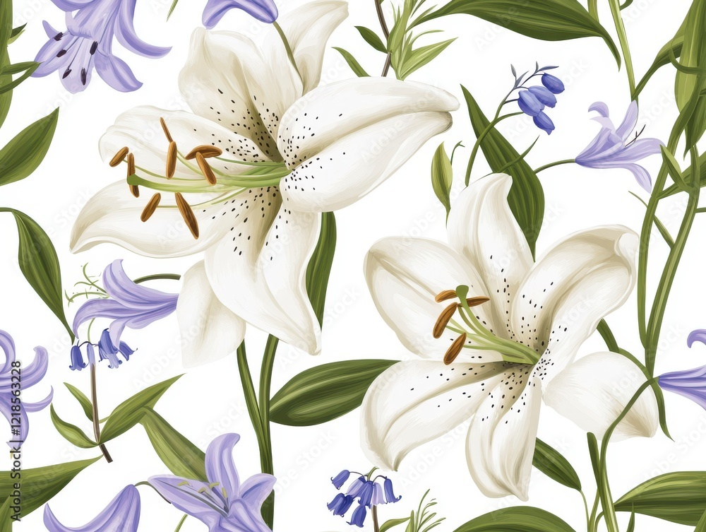 Fototapeta premium A Seamless Pattern of White Lilies with Brownish-Red Stamens and Dark Green Leaves on a Dark Blue Background