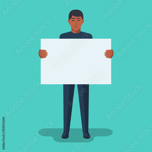 Man with a placard. Businessman holds the white blank sheet. Hand drawn style. Advertising simple billboard for promotion. Vector illustration flat design. Isolated on white background.