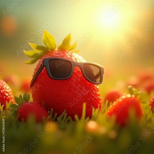 A red strawberry with a pair of black sunglasses sits atop it, set against a blurred, sunlit background. photo