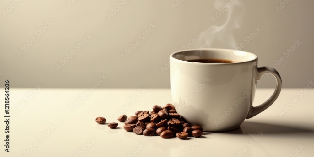 A steaming cup of freshly brewed coffee sits beside a small pile of roasted coffee beans on a pristine white surface, inviting a moment of quiet contemplation and warmth. A steaming cup of freshly brewed coffee sits beside a small pile of roasted coffee beans on a pristine white surface, inviting a moment of quiet contemplation and warmth.