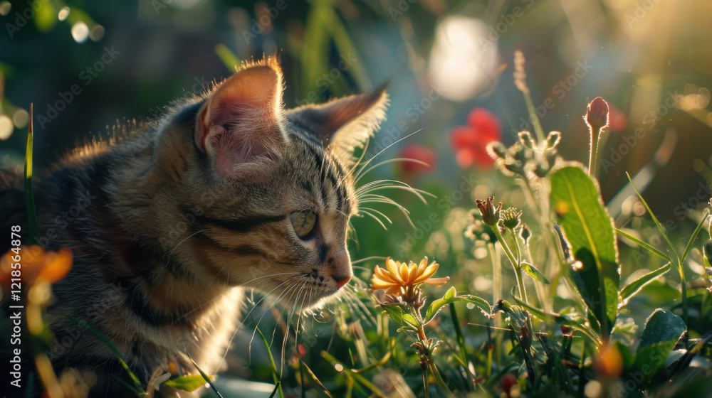 A cute cat in the small garden backyard play with tiny flowers in the morning A cute cat in the small garden backyard play with tiny flowers in the morning
