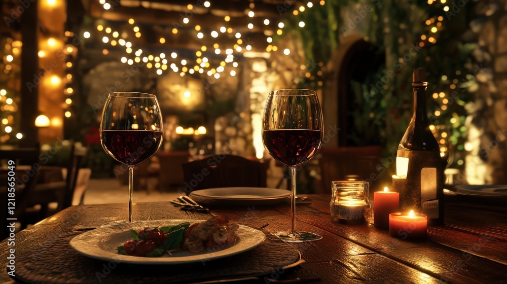 A cozy indoor dining scene with a couple enjoying an Italian dinner, glasses of red wine, and romantic candlelight. A cozy indoor dining scene with a couple enjoying an Italian dinner, glasses of red wine, and romantic candlelight.