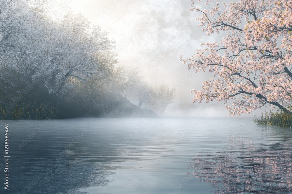 Fototapeta premium Serene Cherry Blossom Lake Sunrise Landscape Spring Nature