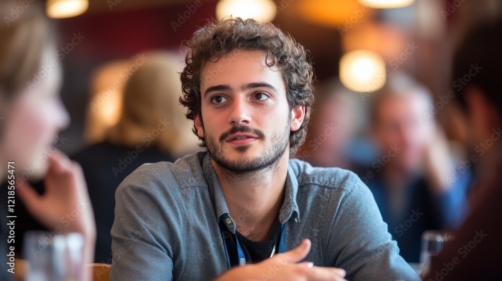 Fototapeta premium A man asks a question at a tech conference. A young professional shares their thoughts at a business summit.