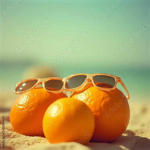 The image features two oranges and a pair of sunglasses on a sandy beach, with the ocean visible in the background under a clear sky. photo