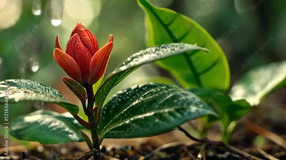 Vibrant Red Flower Bud Emerging in Lush Green Foliage Vibrant Red Flower Bud Emerging in Lush Green Foliage