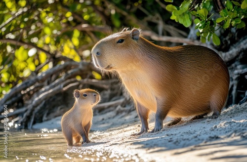 Capybara Mother and Baby Bond on a Sunny Riverbank photo