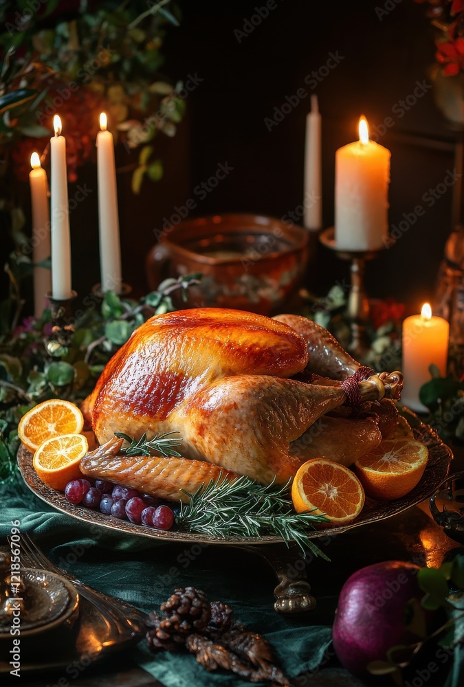 A Beautifully Arranged Thanksgiving Feast with a Glazed Turkey Surrounded by Fresh Fruits, Candles, and Seasonal Decor for a Warm Holiday Atmosphere A Beautifully Arranged Thanksgiving Feast with a Glazed Turkey Surrounded by Fresh Fruits, Candles, and Seasonal Decor for a Warm Holiday Atmosphere