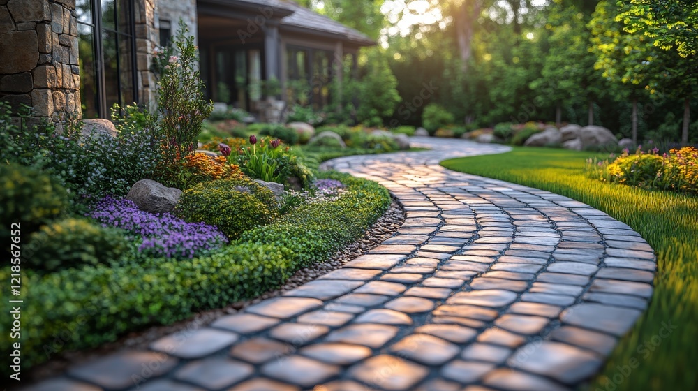 Obraz premium Sunlit stone path winding through lush garden landscape.
