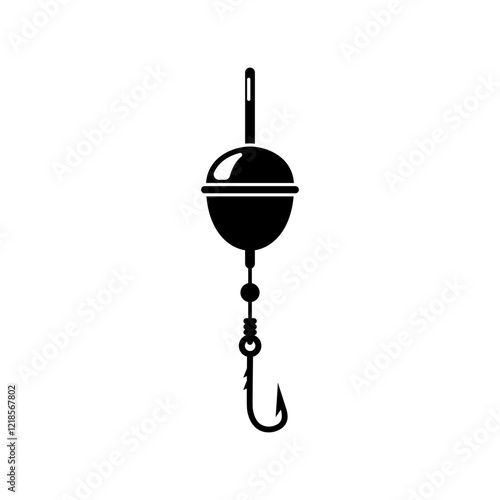 Float and hook black icon. Fishing float. Fishing hook. Colorful bobber float icon. Vector illustration flat design. Isolated on white background. Template for web and print.