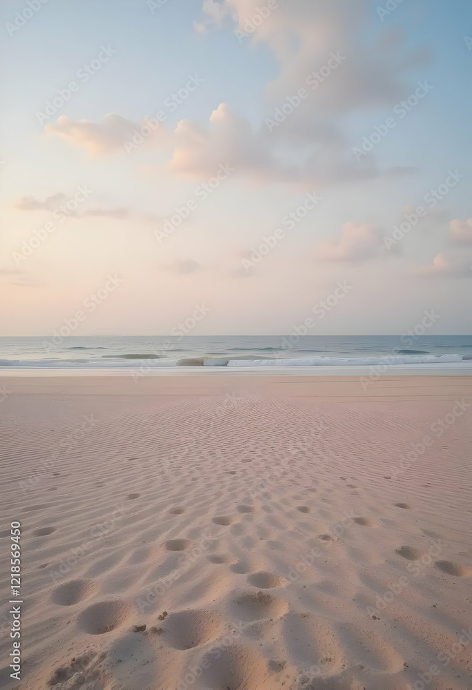 Gentle beach scene with soft sand ripples and footprints under a pastel sky at dawn Gentle beach scene with soft sand ripples and footprints under a pastel sky at dawn
