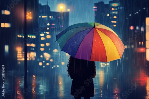 Wallpaper Mural a girl walks around the city in the rain under a rainbow umbrella Torontodigital.ca