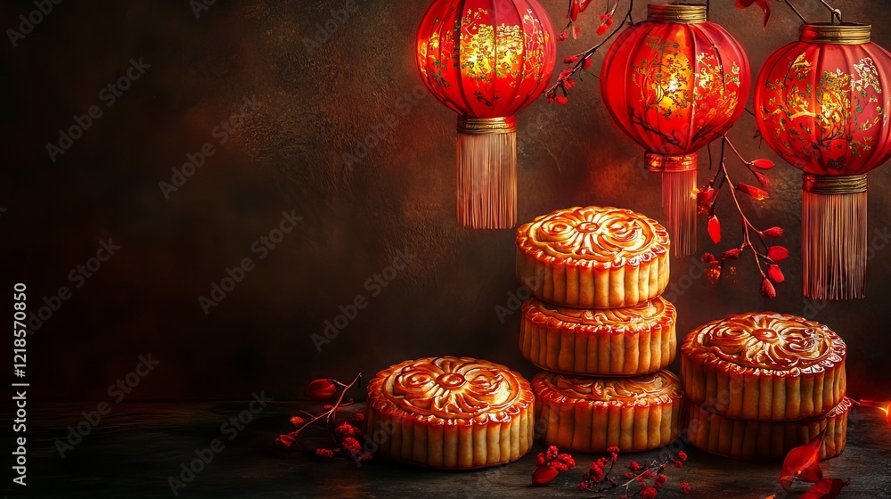 Fototapeta premium Vibrant Red Lanterns Gracefully Suspended from an Elegant Ceiling Creating a Warm and Inviting Atmosphere Perfect for Celebrations and Festive Gatherings in a Magical Setting