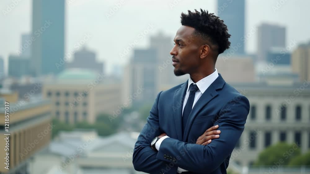 Professional man in a suit smiles confidently in an urban skyline backdrop Professional man in a suit smiles confidently in an urban skyline backdrop