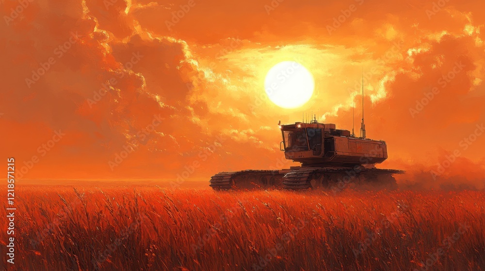 Fototapeta premium A powerful agricultural machine harvesting golden fields at sunset, with dramatic clouds and vibrant colors