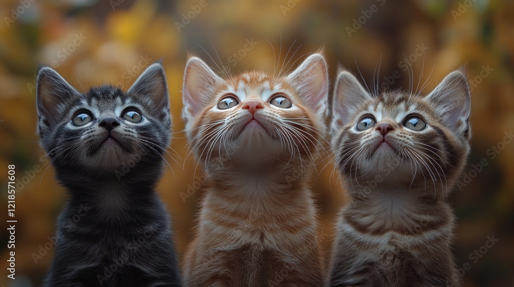 Three kittens looking up, autumn background, pet adoption Three kittens looking up, autumn background, pet adoption