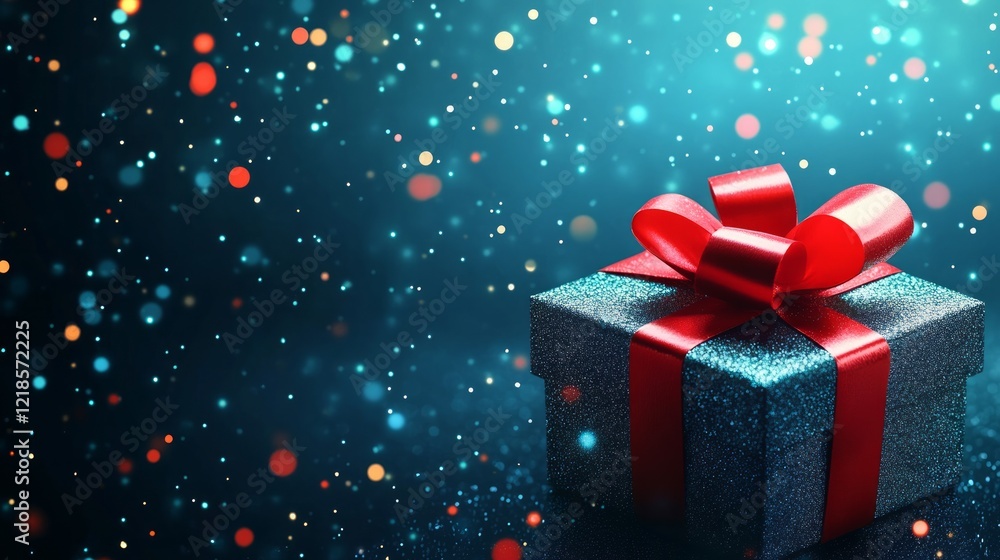 Blıe Background with gift box. A red bow on the box. Blıe Background with gift box. A red bow on the box.