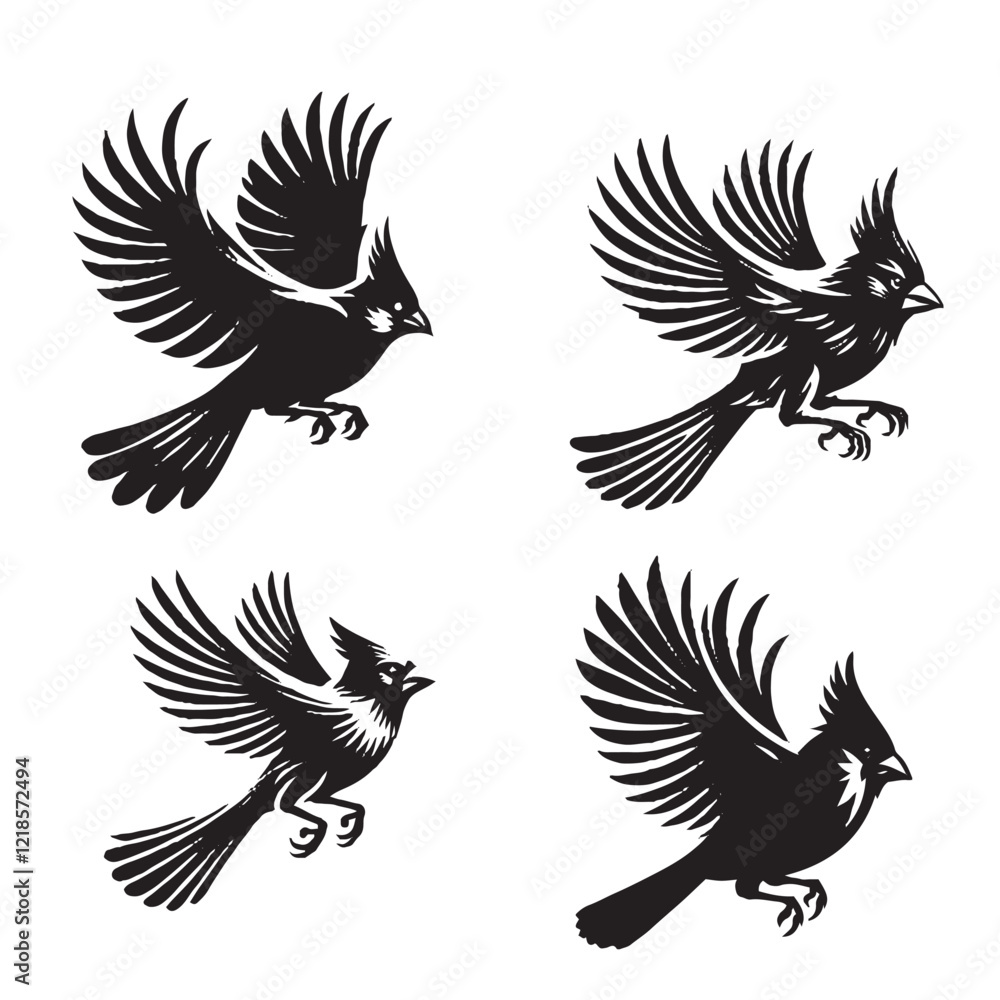 Fototapeta premium 4 set of black Vector Silhouette of a Flying Northern Cardinal on White Background