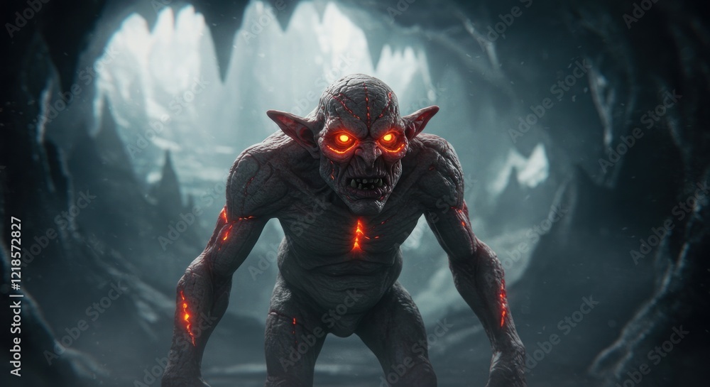 Fototapeta premium Menacing Lava Goblin: A Dark Fantasy Cave Scene