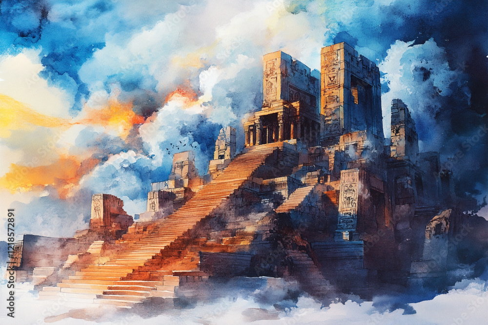 Fototapeta premium Watercolor drawing, ancient architectural structure, temple or other religious building