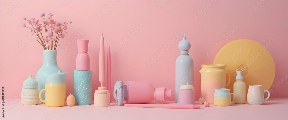 Pastel still life with an array of charming and colorful decorative objects Pastel still life with an array of charming and colorful decorative objects