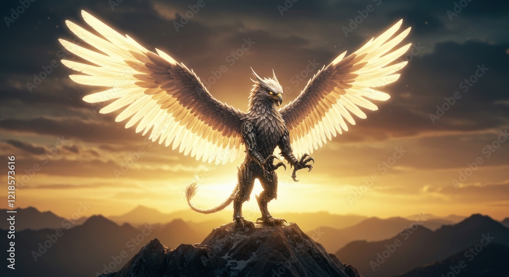 Obraz premium Majestic Griffin: Golden Sunset, Mountain Peak, Epic Fantasy Art