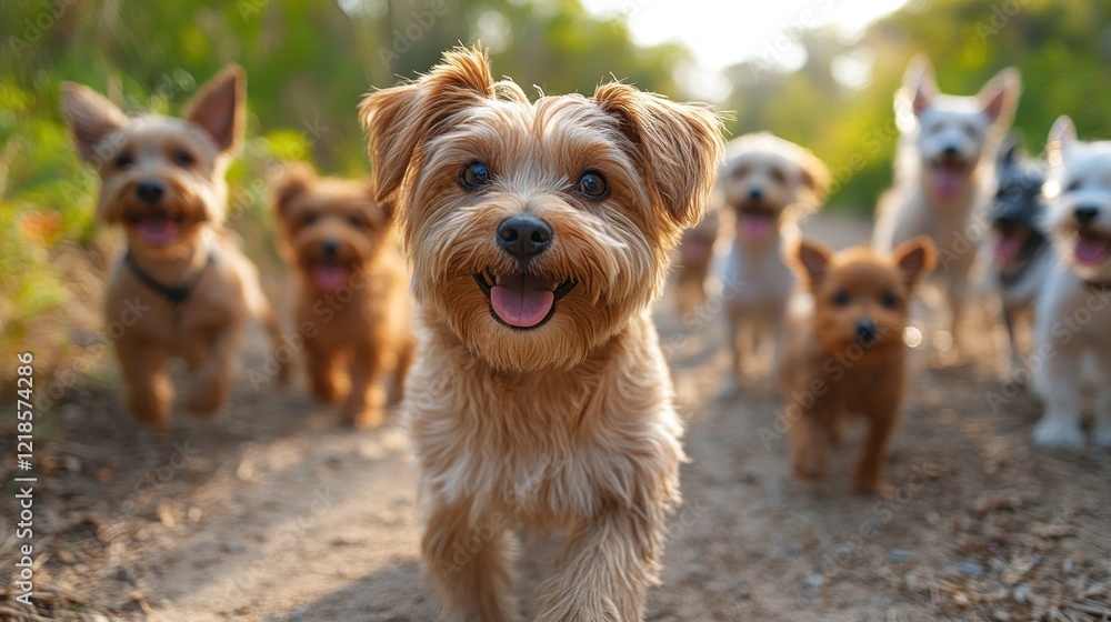 Happy dogs running trail, forest background, pet adoption Happy dogs running trail, forest background, pet adoption
