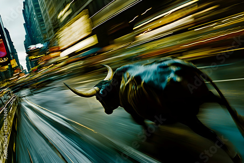 Bull Run: Bullish Charge - Financial Market Surge on City Streets photo