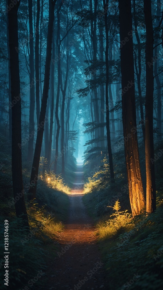 Fototapeta premium Dense forest paths glowing faintly dreamlike on anime background