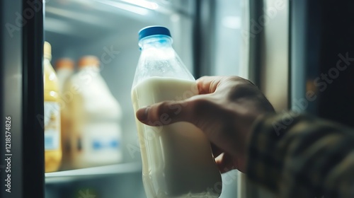 A close-up of a lactose-intolerant individual's hand placing a lactose-free milk carton back in the fridge after use photo