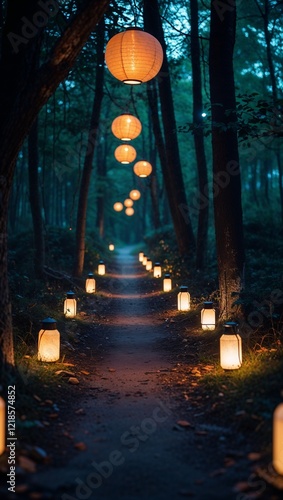 Dreamlike lanternlit forest path glowing softly cinematic on anime background photo