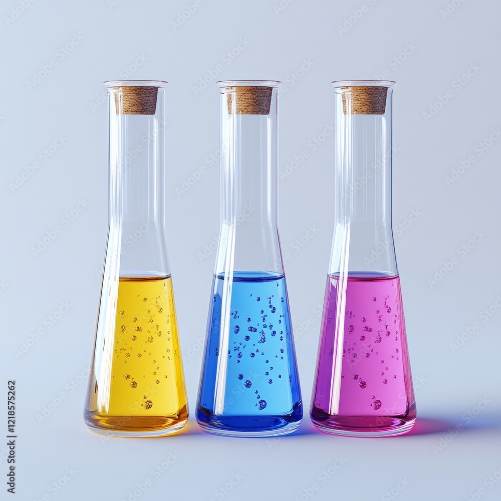 a white background, there are three chemical test tubes, each containing half a bottle of blue liquid, yellow liquid, and pink liquid a white background, there are three chemical test tubes, each containing half a bottle of blue liquid, yellow liquid, and pink liquid