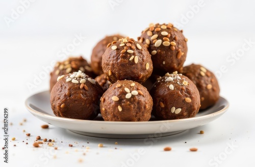 Delicious homemade chocolate energy balls with seeds on white plate