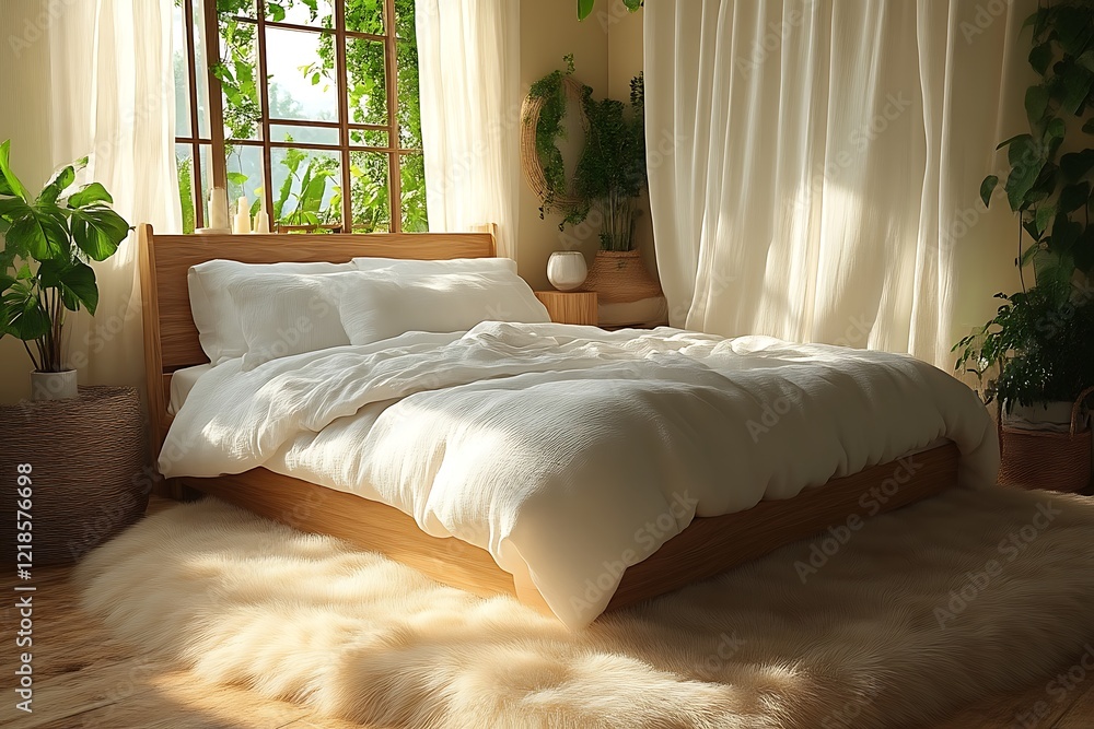 Fototapeta premium Sunlit bedroom with bed, plants, and rug.