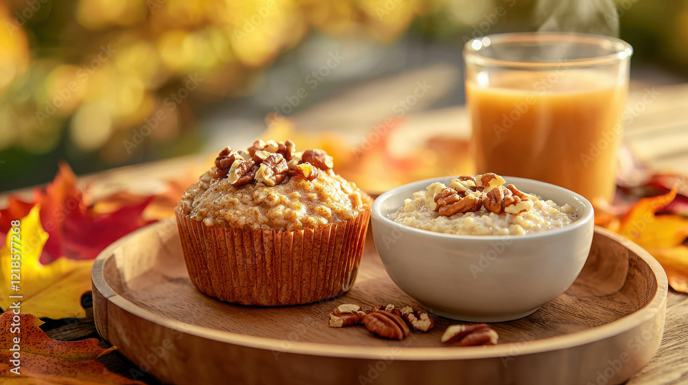 Cozy Autumnal Breakfast Scene with Muffin and Oatmeal Surrounded by Colorful Leaves Cozy Autumnal Breakfast Scene with Muffin and Oatmeal Surrounded by Colorful Leaves